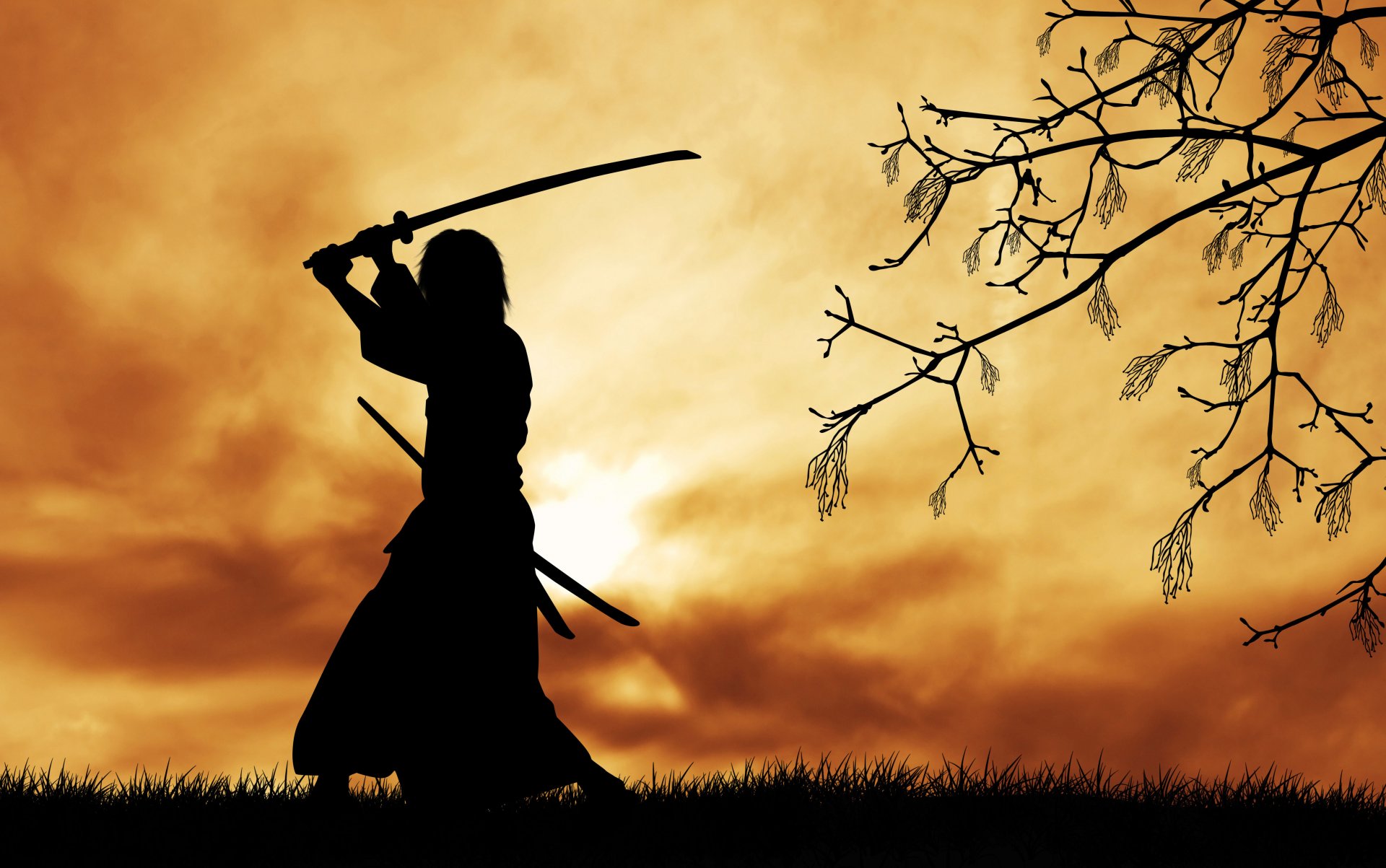 silhouette guerriero bushido percorso guerriero spirito codice samurai samurai spada katana mattina albero rami serenità natura bellissimo sfondo carta da parati