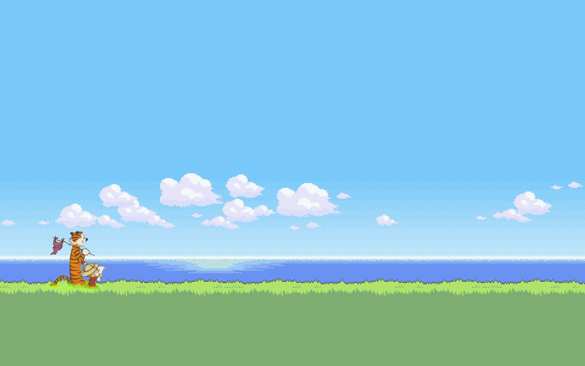 calvin and hobbes kelvin and hobbes grass water sky clouds 8-bit