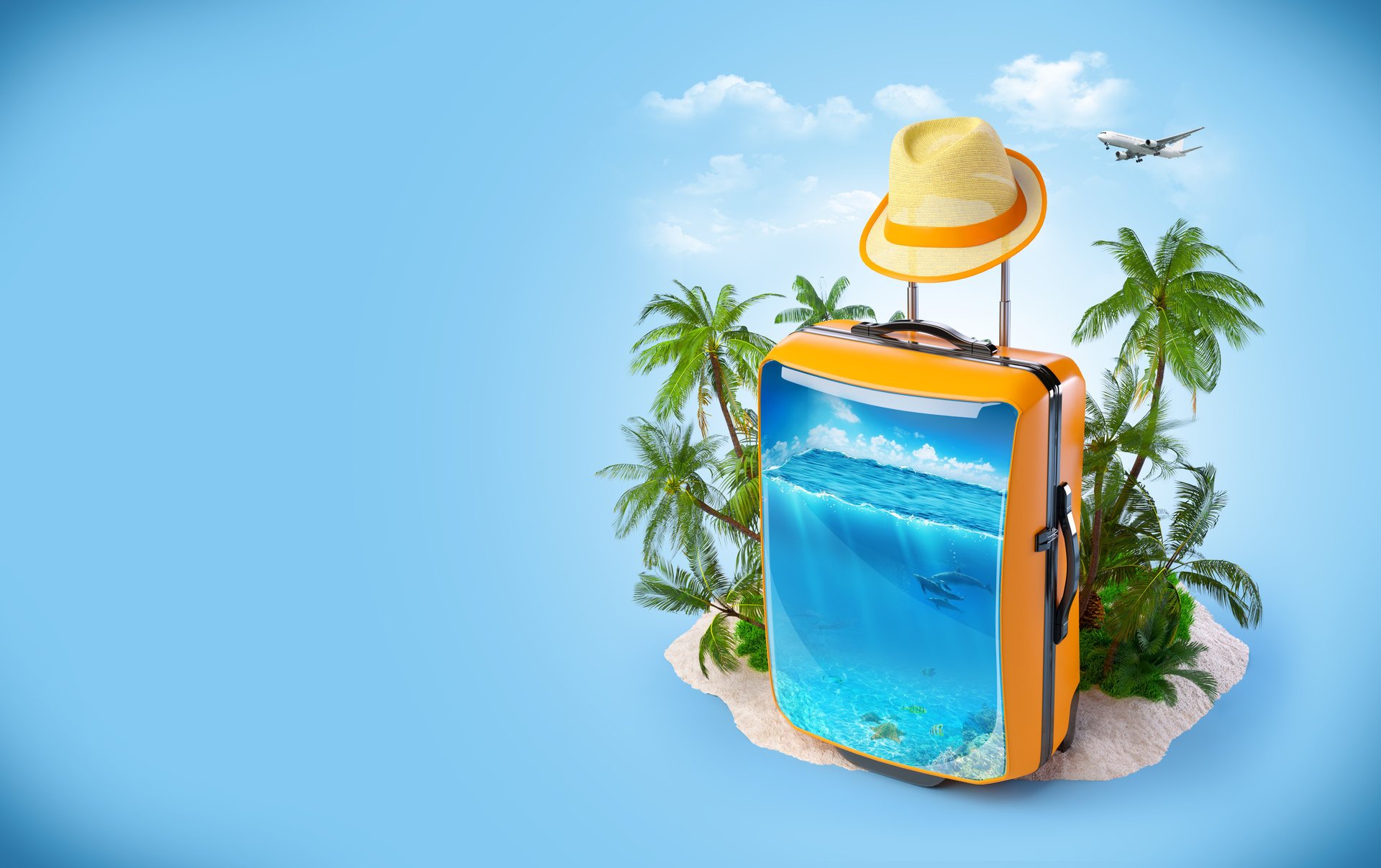 creative valise chapeau mer dauphins palmiers avion nuages