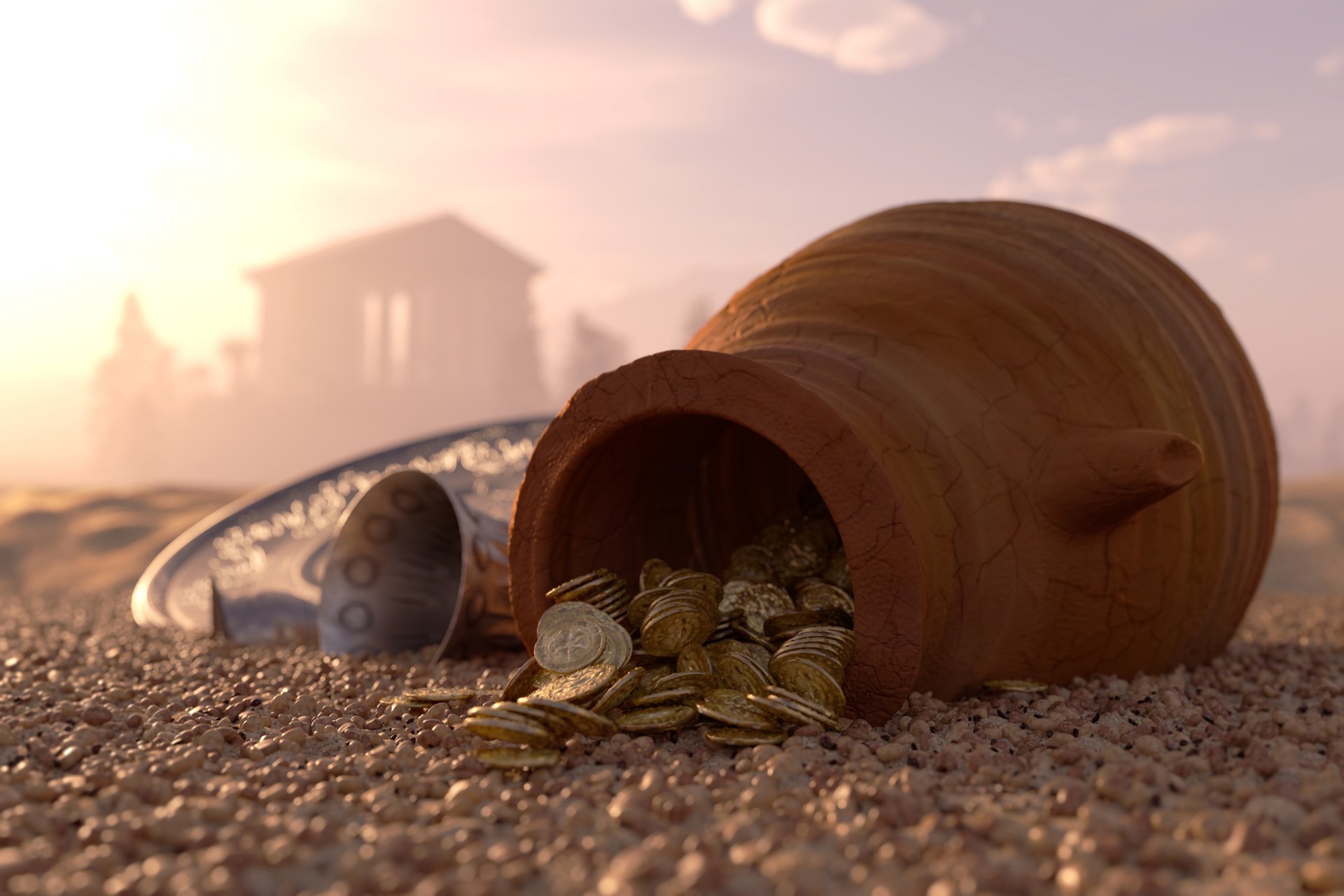 hidden mist ancient city clay pitcher pebbles sand loose gold silver coins money a silver tray bowl blur bokeh wallpaper