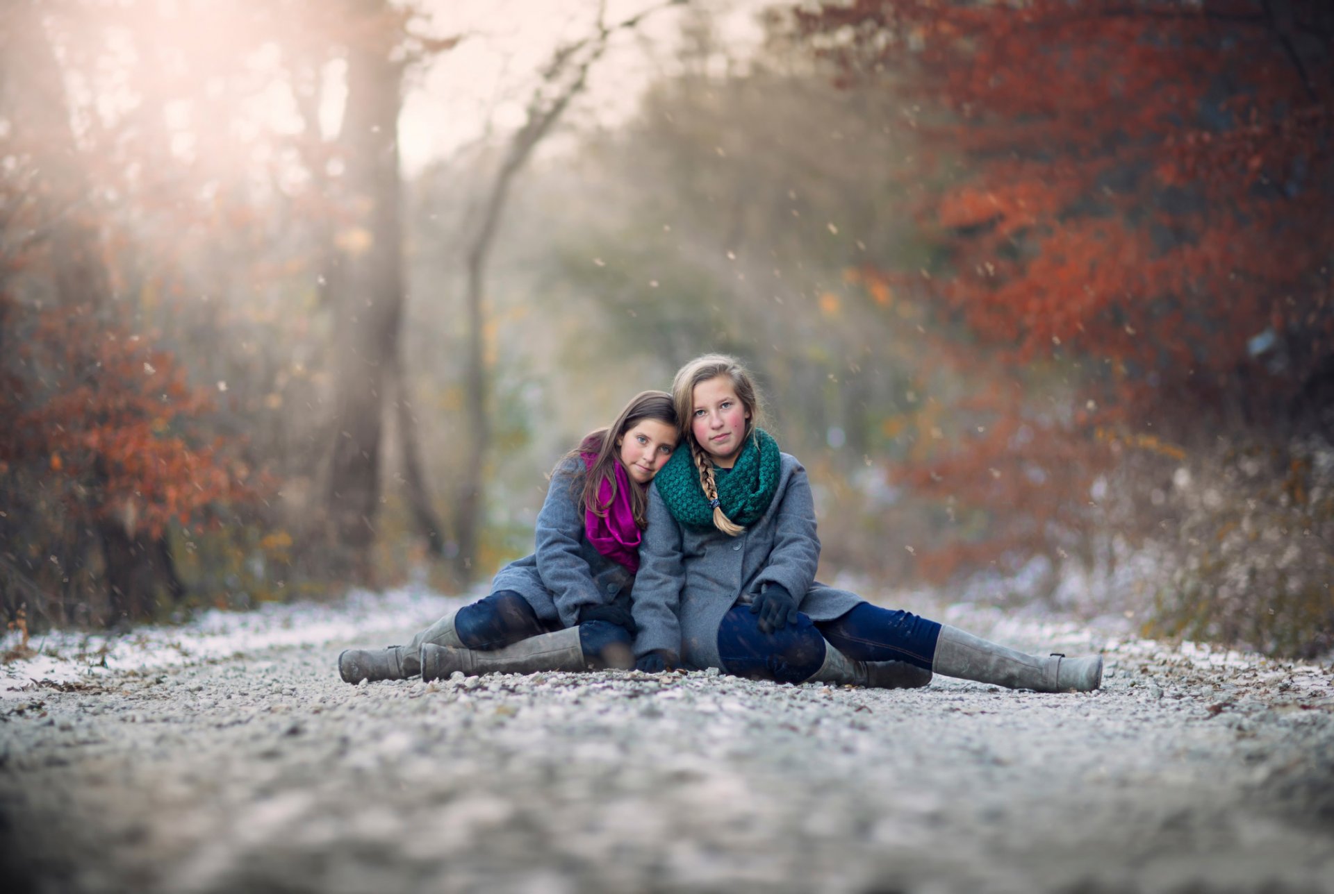 girls road children autumn snow bokeh