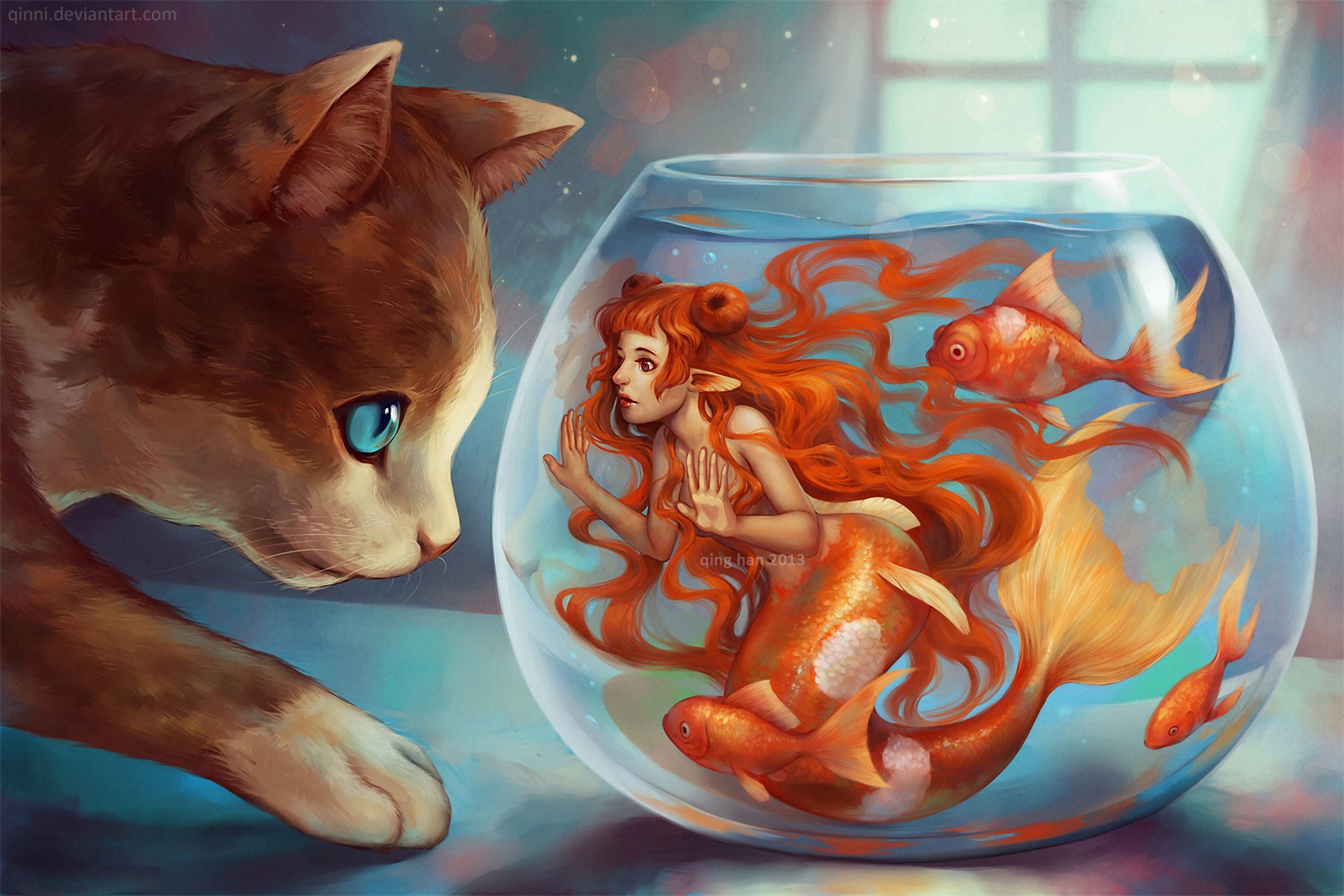 art cat mermaid fish red hair aquarium window