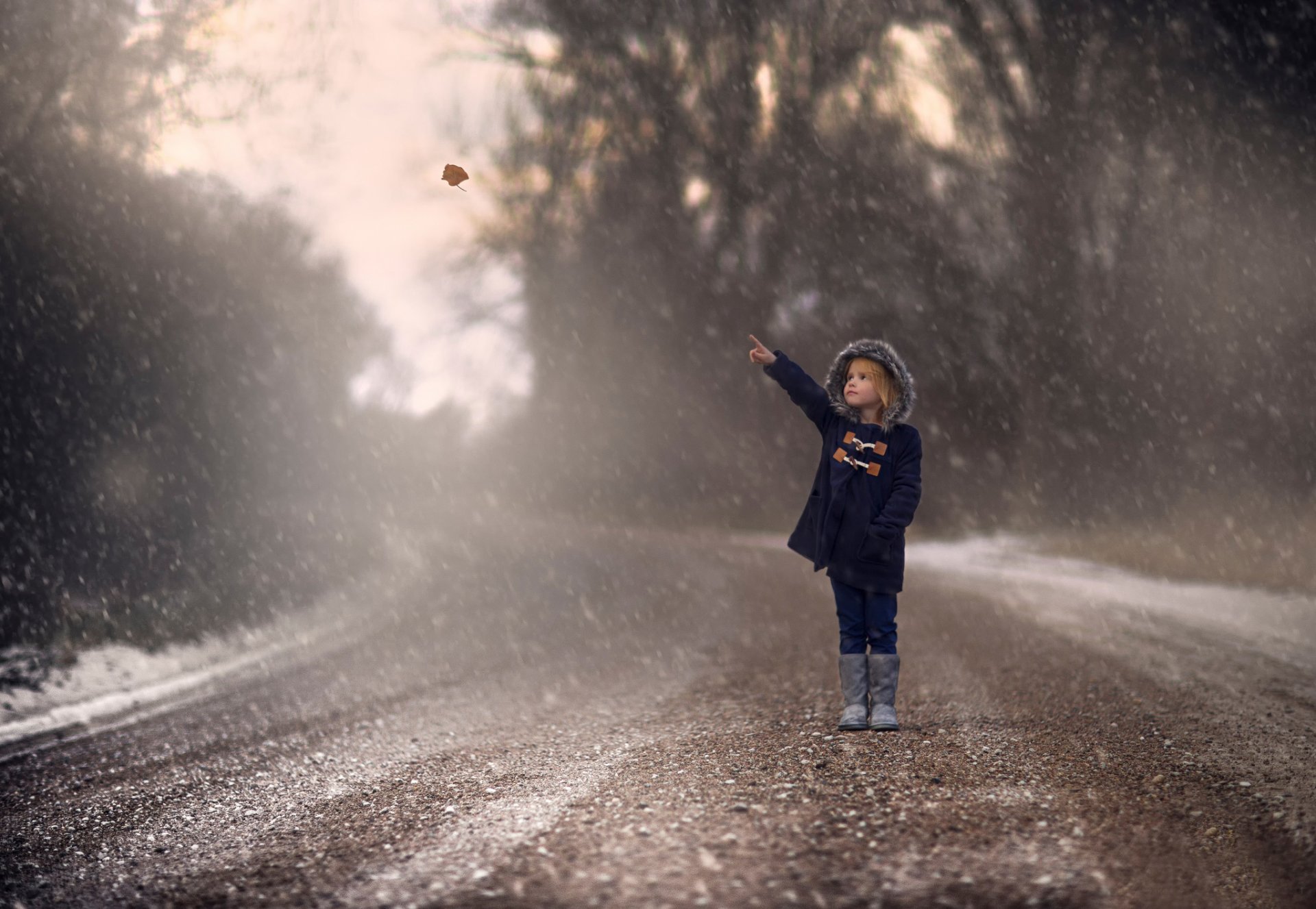 girl road autumn sheet snow