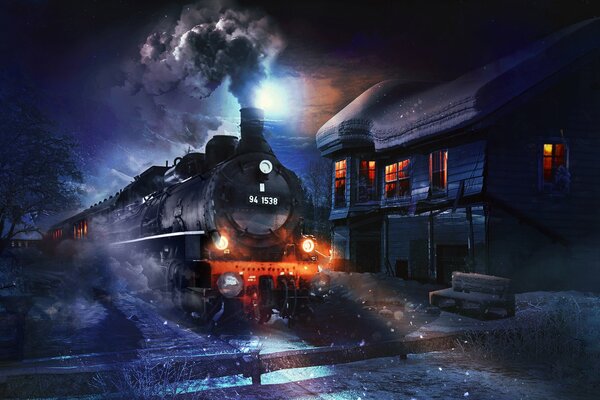 The locomotive is on the rails on a winter night at home