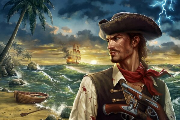 Pirat w trójkącie na brzegu wyspy