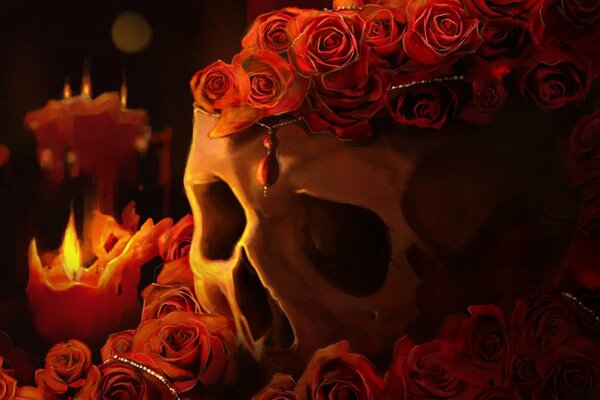 A skull surrounded by red roses and a burning candle