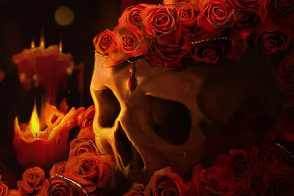 Crâne entouré de roses rouges et bougie allumée