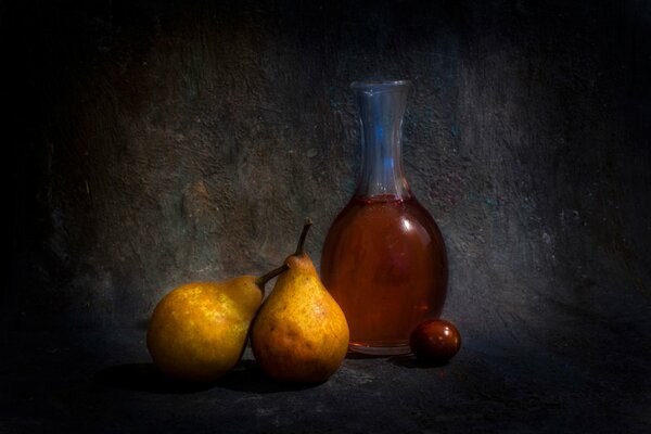 Nature morte bouteille d olive et de poire