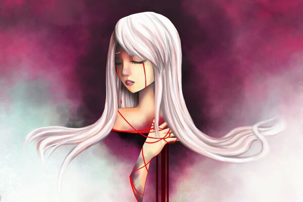 A girl with white hair and bloody tears