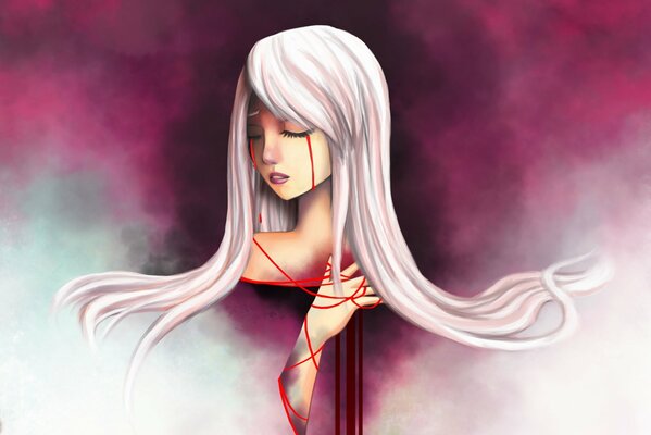 Девушка с белыми волосами и кровавыми слезами