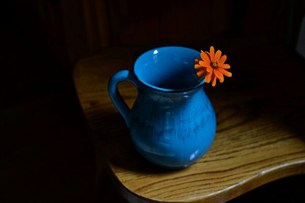 Ein blauer Krug mit einer orangefarbenen Blume steht auf einem Holzstuhl