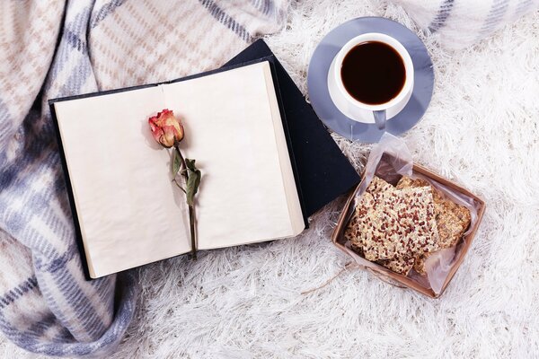 The image of a notebook and a rose on the background of a warm blanket and a cup of hot coffee