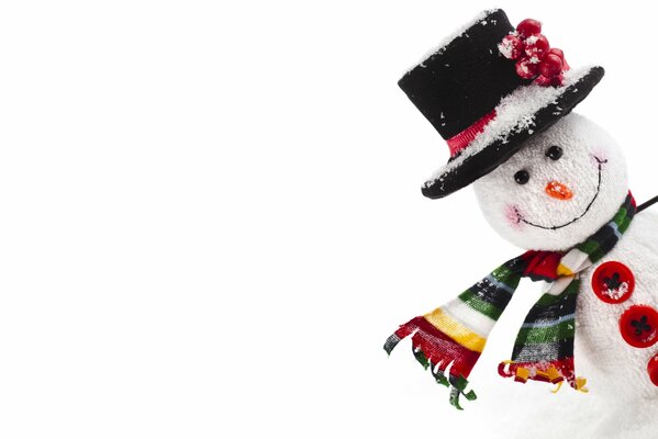 Smiling snowman in a hat with a scarf