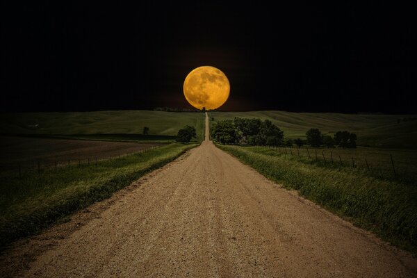 Una lunga strada in un campo all orizzonte ingiallisce la luna rotonda