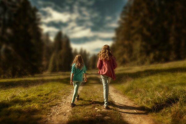 Две девочки прогуливаються на природе