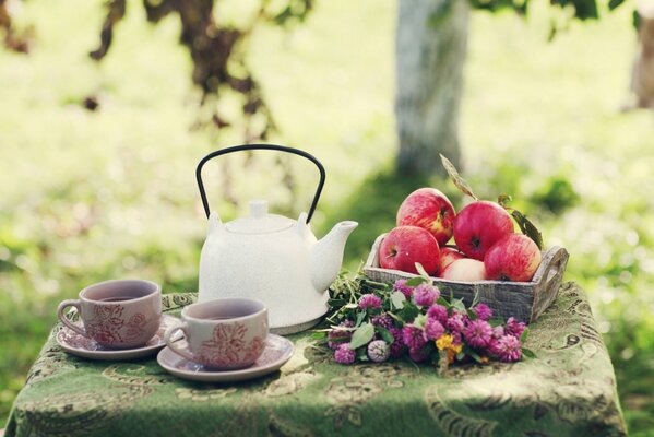 Composition d été dans le jardin avec bouilloire, tasses, pommes et fleurs