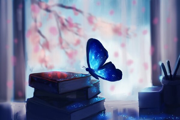 Ein magischer Schmetterling auf einem Buch auf einem Sakura-Hintergrund