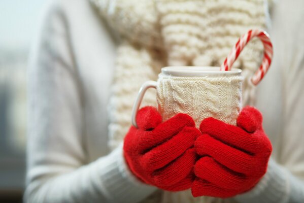 Hands in red gloves holding a glass