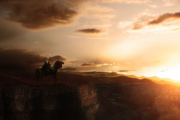 A rider on a horse meets a beautiful dawn