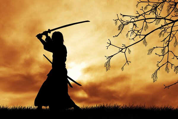 Sagoma scura di samurai con katana contro il cielo al tramonto