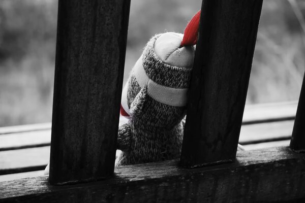 Dark picture of plush toys on a bench