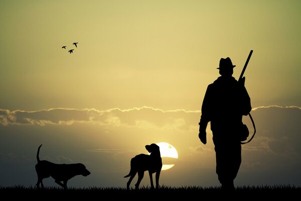 Un cazador con perros y una pistola en el fondo de la puesta de sol