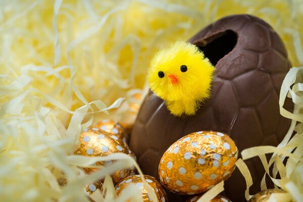 Un pequeño juguete se asoma de un huevo de chocolate