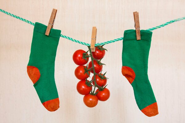 Socks with tomatoes weigh dry