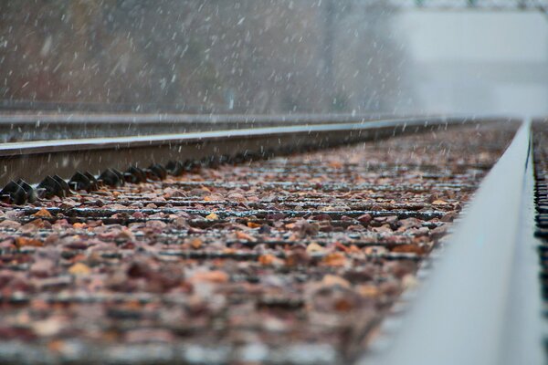 На железную дорогу падает снег