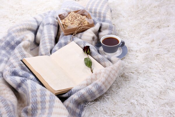 Das Buch liegt auf einem Teppich neben dem Kaffee