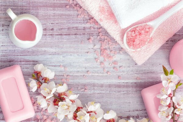 Pink composition - soaps, bath salts and flowers