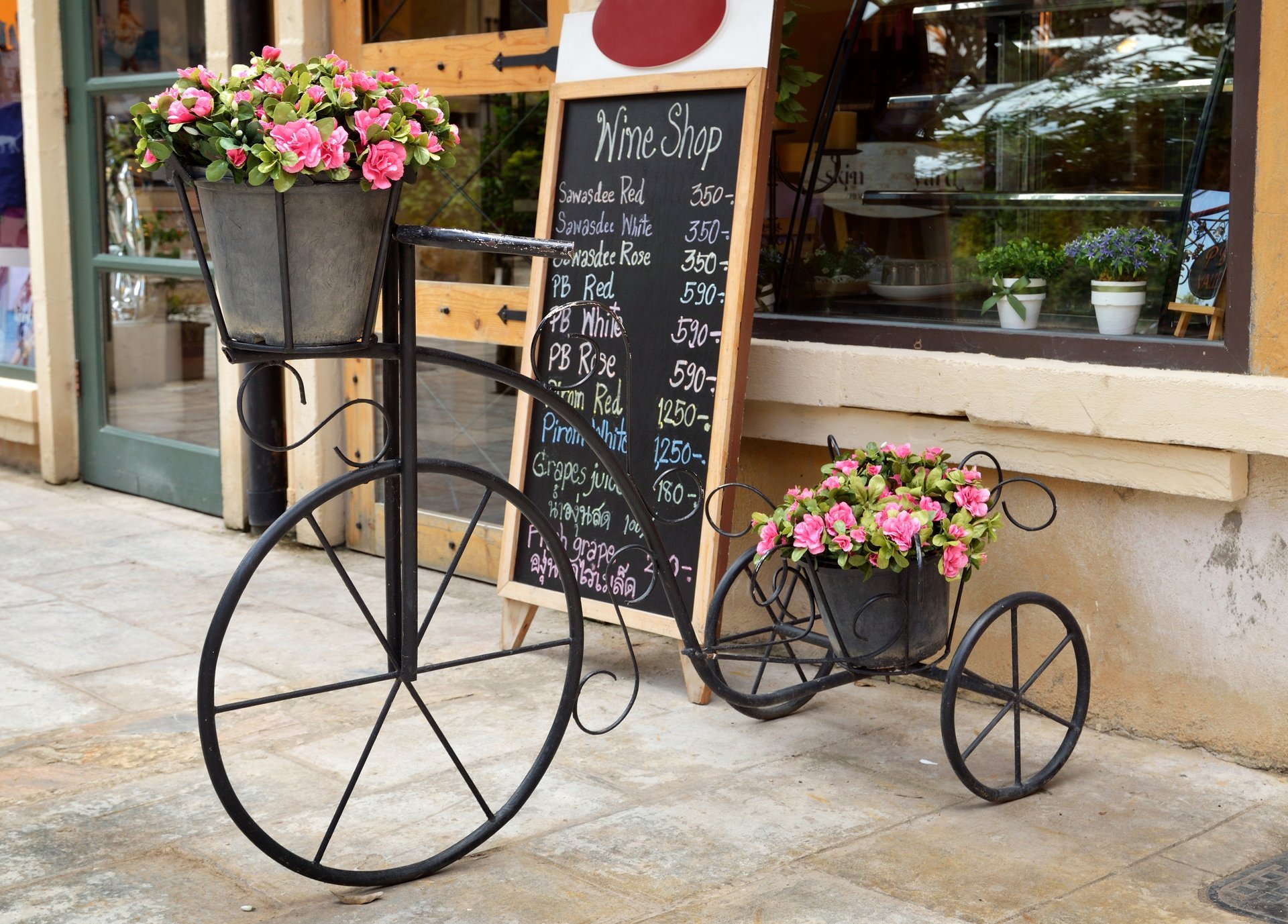 maceta soporte bicicleta flores rosa ventana escaparate ciudad