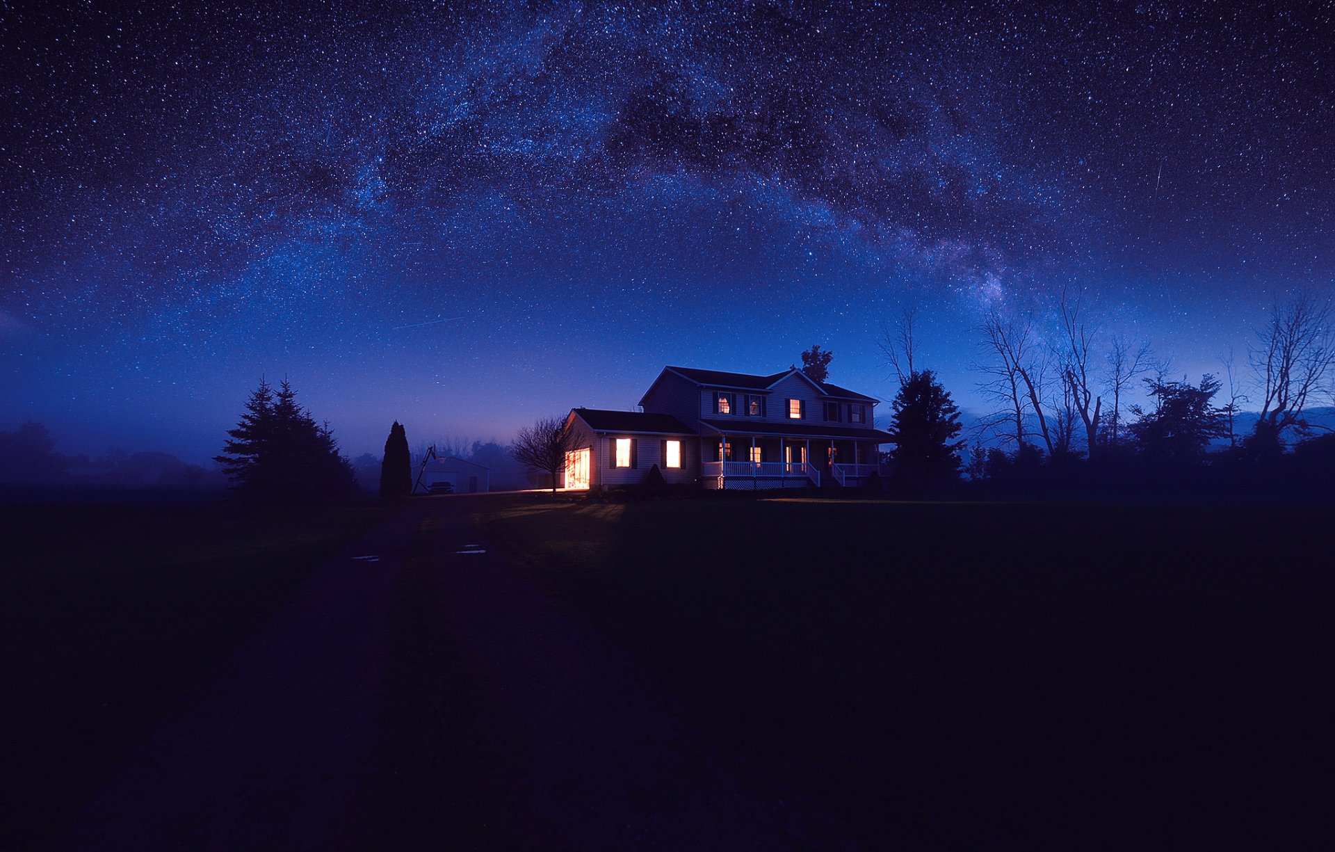 noche oscuridad cielo estrellas casa luz camino árboles naturaleza