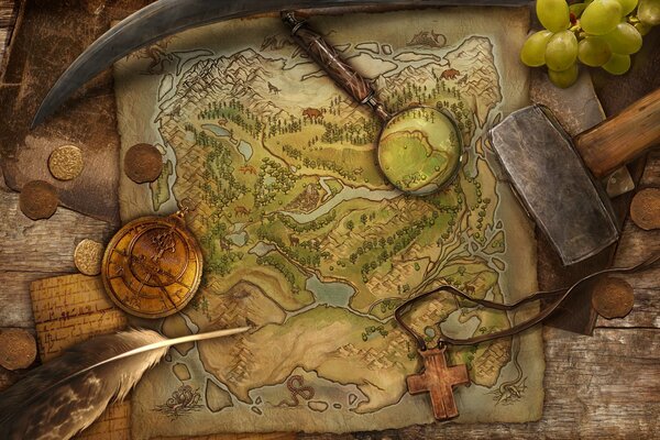 Antique Treasure Hunter Map with Coins and Tools