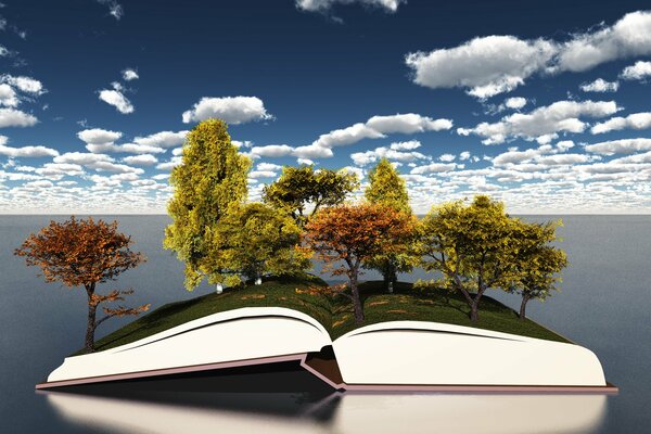 Илюстрация острова в виде книги с деревьями