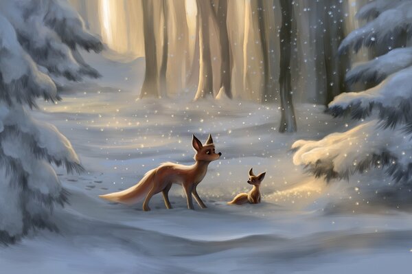 Painted landscape. A fox and a fox cub in the winter forest