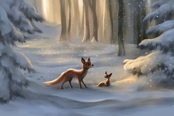 Нарисованный пейзаж. Лисица и лисенок в зимнем лесу