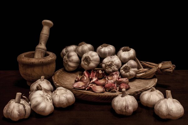 Still life with garlic mortar and pestle