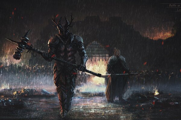 Espeluznante arte demonio guerrero con armas va bajo la lluvia de la noche
