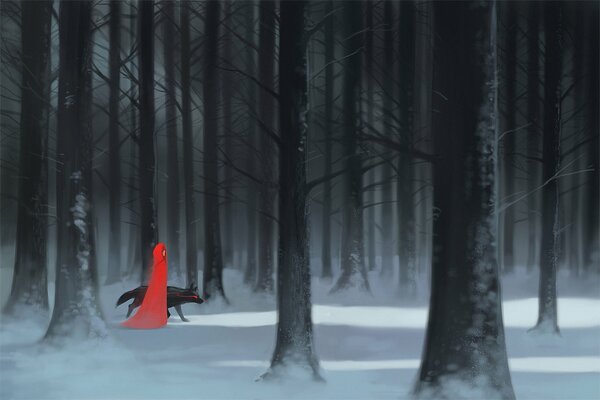 Una chica con una capa roja con un lobo negro en medio de un bosque denso