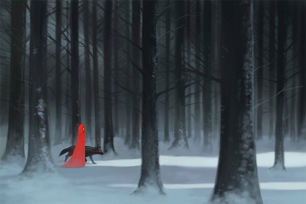 Fille en Cape rouge avec un loup noir au milieu de la forêt dense