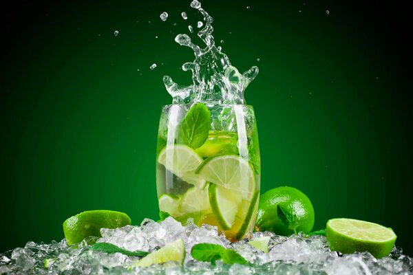 A glass filled with water, with lemon and mint, standing on ice