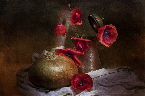 Vintage-style still life with jug, poppies and pumpkin