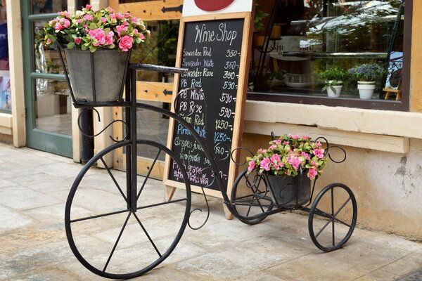 Soporte de flores en forma de bicicleta en el fondo de la vitrina