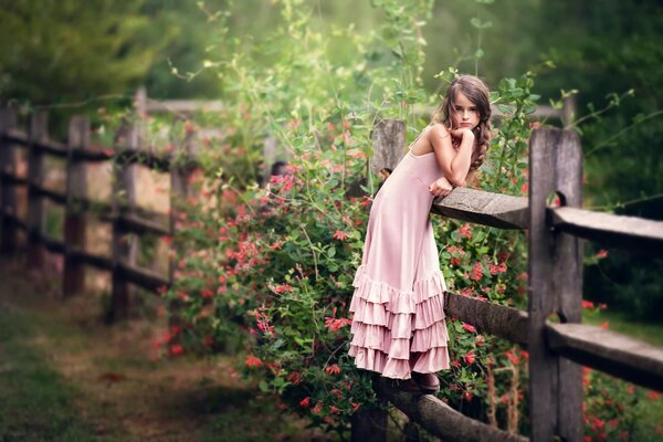 Mädchen in Rosa auf dem Hintergrund eines Holzzauns