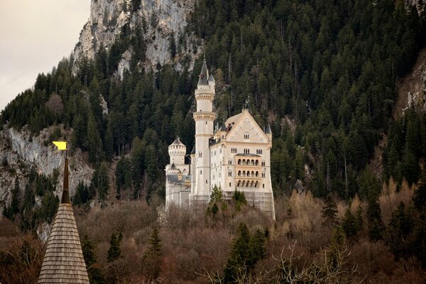 Ein altes Schloss am Hang eines bewaldeten Berges