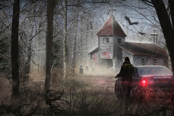 Art fantasmagorique avec une église abandonnée et une fille armée en voiture