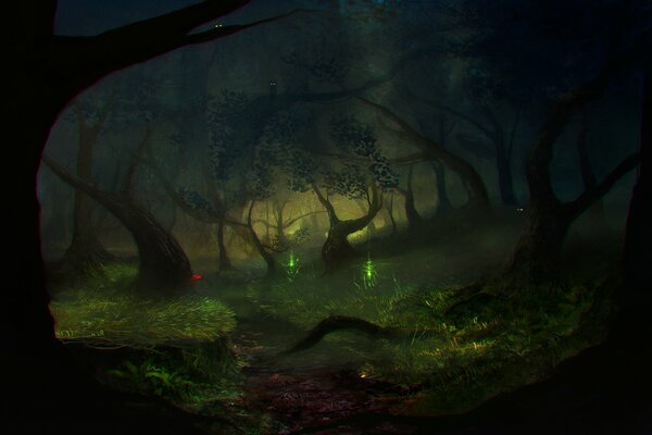 Düstere, dunkle Landschaft, krumme Bäume im Nachtwald