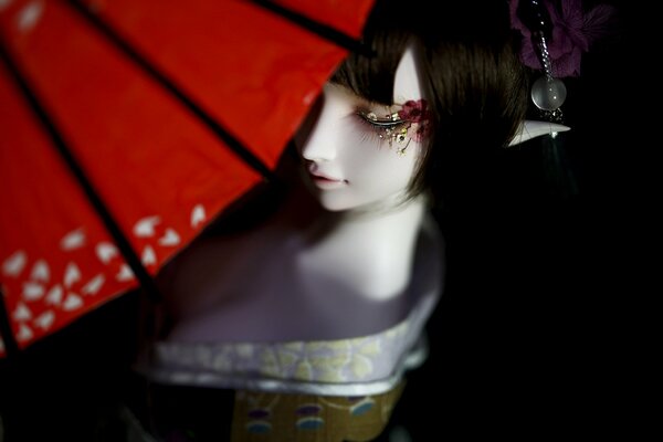 BJD doll elf girl in kimono with umbrella