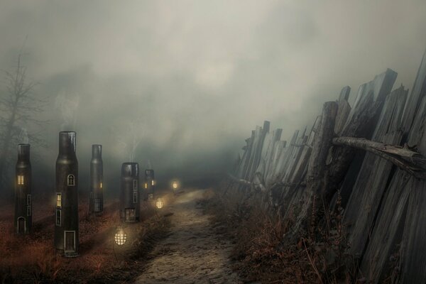 Shell casings in an abandoned city on a trail behind a fence